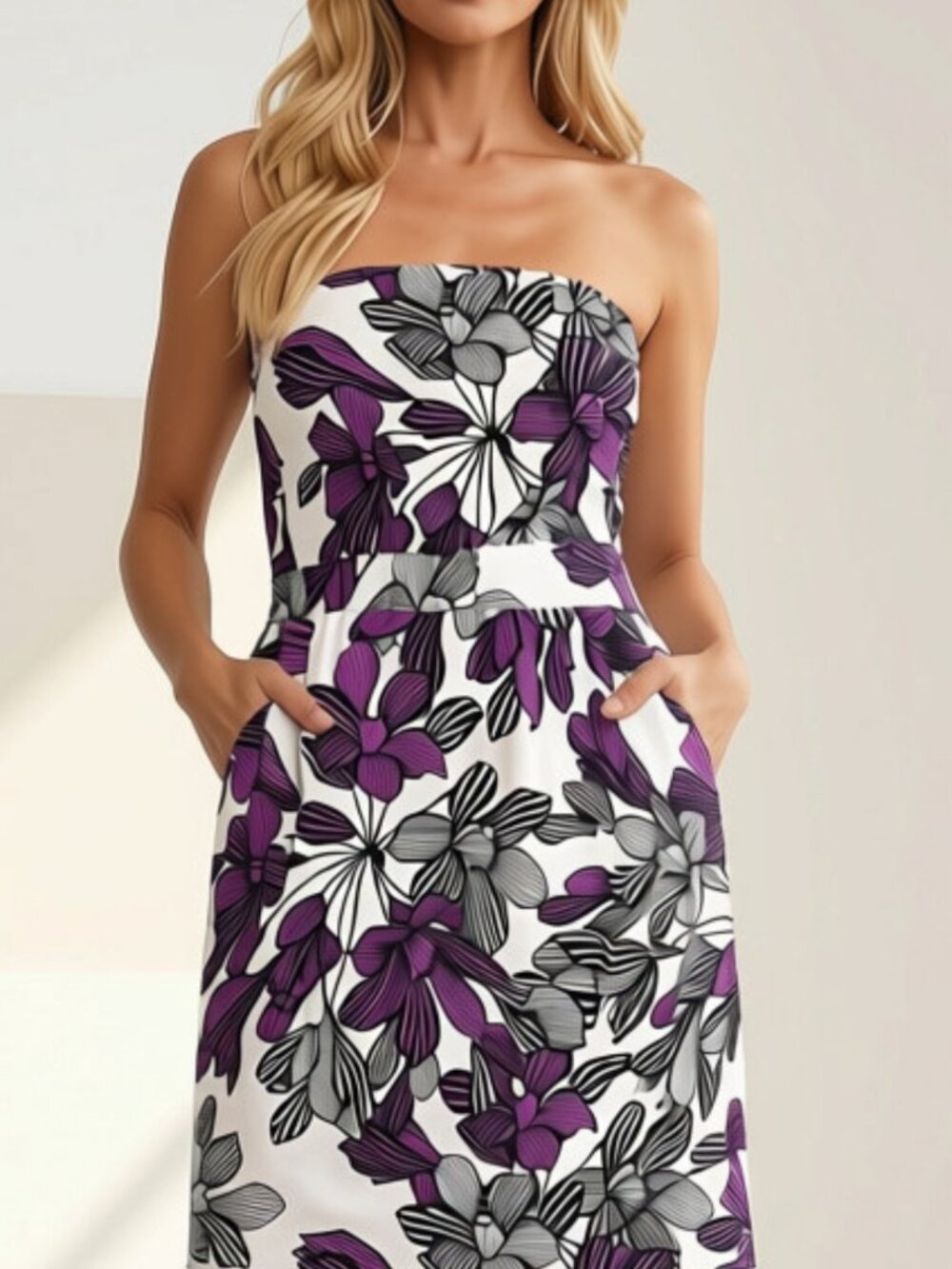 NWT a.n.a Strapless Floral Mini Dress Purple White Black Line Art Pockets Size S